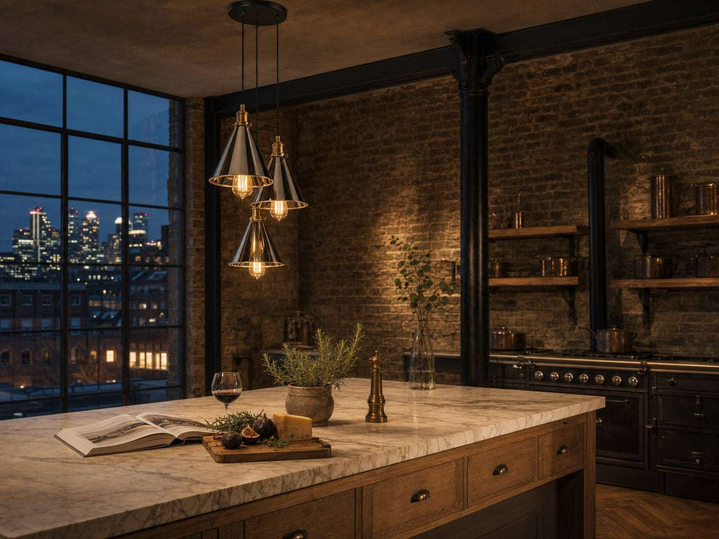 Mercer chrome cluster pendant in a converted warehouse kitchen at blue hour
