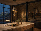 Mercer chrome cluster pendant in a converted warehouse kitchen at blue hour
