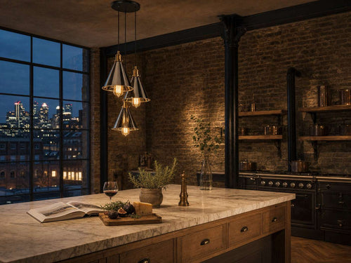 Mercer chrome cluster pendant in a converted warehouse kitchen at blue hour