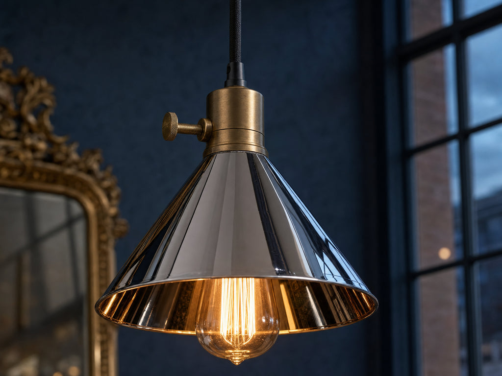 Mercer single chrome cone pendant detail — brass collar, thumbscrew, Edison filament