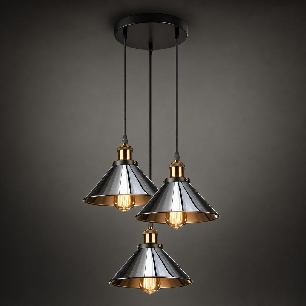 Mercer chrome and brass three-light cluster chandelier on dark studio backdrop