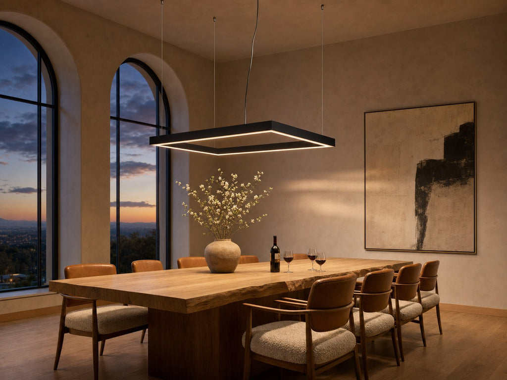 Meridian rectangular halo LED pendant chandelier above a long oak dining table at twilight