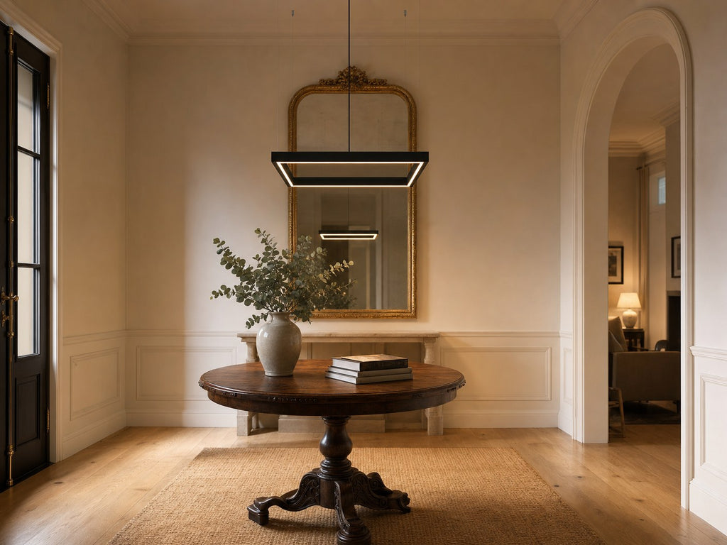 Meridian Square Halo 80x80cm matte black LED pendant chandelier in a classical foyer above a round walnut console