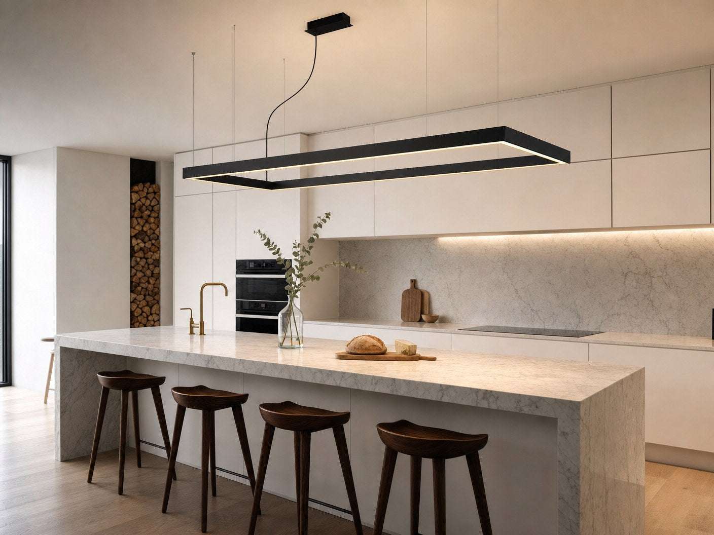 Meridian rectangular halo pendant in matte black above a Carrara marble kitchen island
