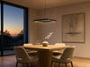 Meridian Square Halo 80x80cm matte black LED pendant chandelier above a square 4-seat oak dining table