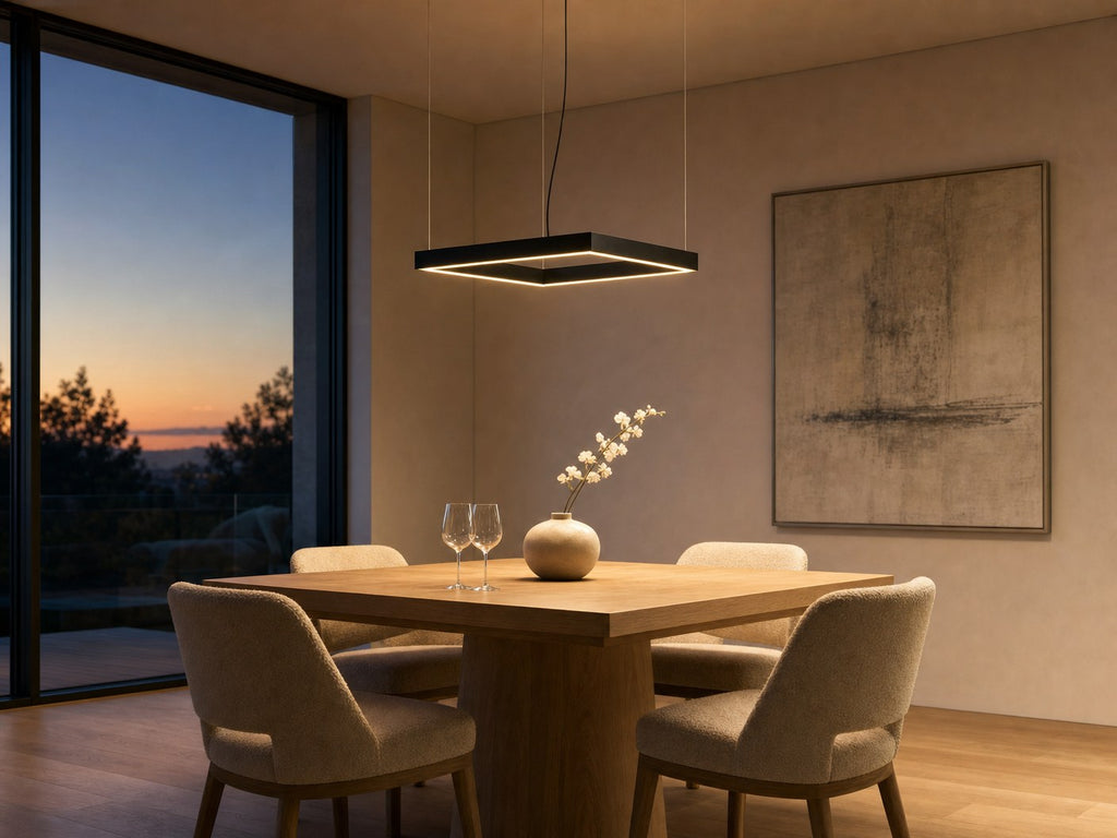 Meridian Square Halo 80x80cm matte black LED pendant chandelier above a square 4-seat oak dining table