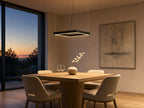Meridian Square Halo 80x80cm matte black LED pendant chandelier above a square 4-seat oak dining table