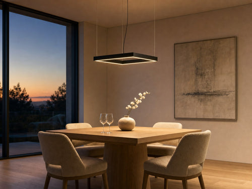 Meridian Square Halo 80x80cm matte black LED pendant chandelier above a square 4-seat oak dining table