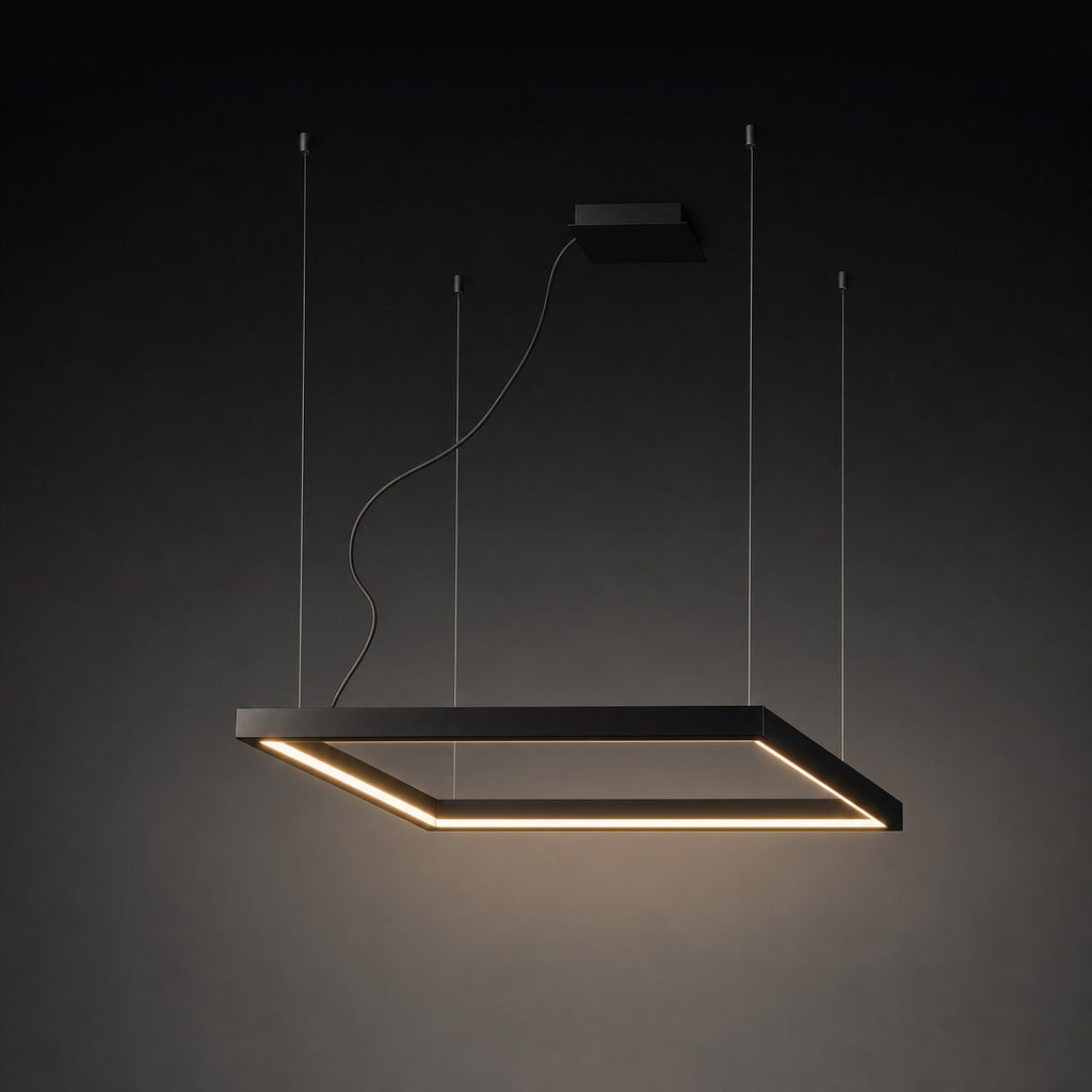Meridian rectangular halo LED pendant chandelier in matte black aluminium on dark studio backdrop