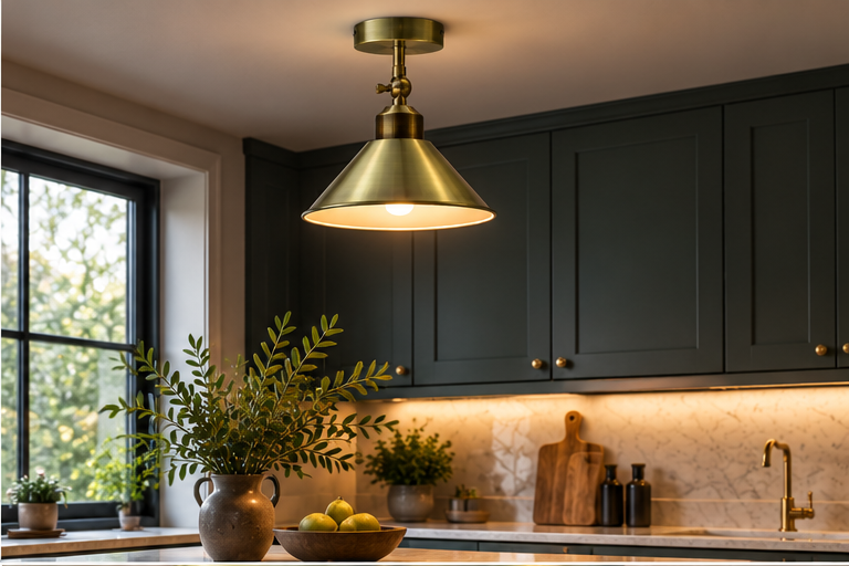 Netherfield adjustable green brass cone ceiling light styled in a premium modern kitchen