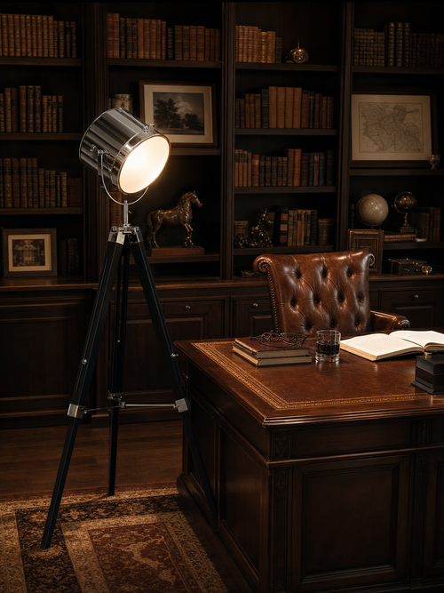 Pinewood chrome searchlight floor lamp illuminating a walnut desk in a gentleman's study with floor-to-ceiling bookshelves and leather chair