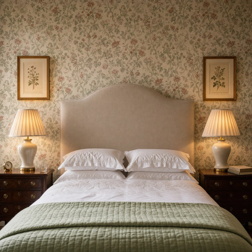 A pair of Salcombe cream ceramic urn lamps on flanking antique mahogany bedside chests in an English country-house bedroom, pleated cream silk shades softly lit at dusk against a floral wallpaper, linen headboard and crisp white embroidered bedlinens with a sage quilted bedspread