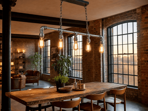 Shadwell Industrial 5-Light Waterpipe Ceiling Bar above rustic dining table in converted warehouse