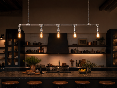 Shadwell Industrial 5-Light Waterpipe Ceiling Bar in modern industrial kitchen
