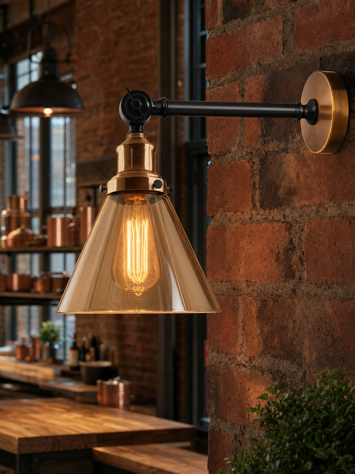 Haggerston amber glass cone industrial wall sconce mounted on exposed brick in a warehouse kitchen
