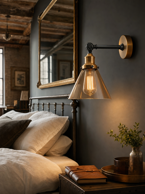 Haggerston amber glass wall sconce casting warm light beside a bed in a refined loft bedroom