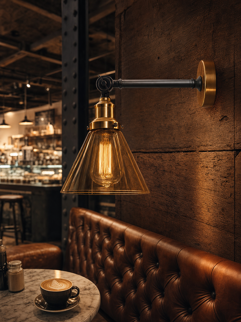 Shoreditch amber glass cone wall sconce on dark wood panelling in a trendy cafe setting