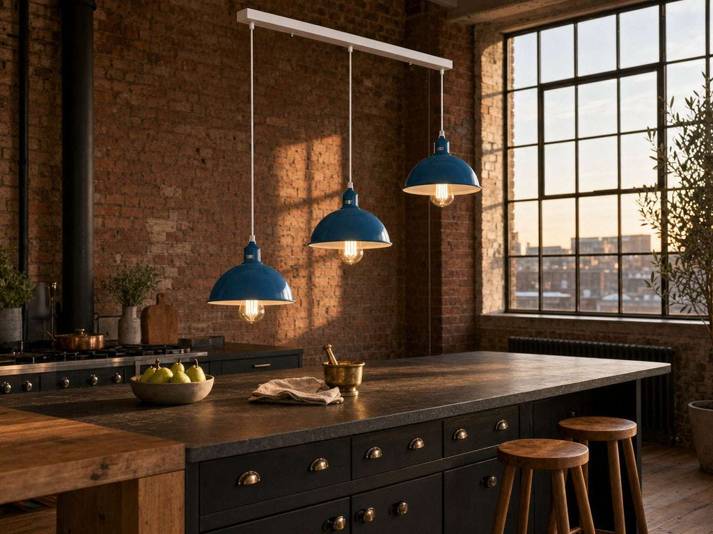 Shoreditch 3-light industrial dome bar pendant in petrol blue, suspended over a soapstone kitchen island in a warehouse-conversion loft kitchen with exposed brick and Crittall windows