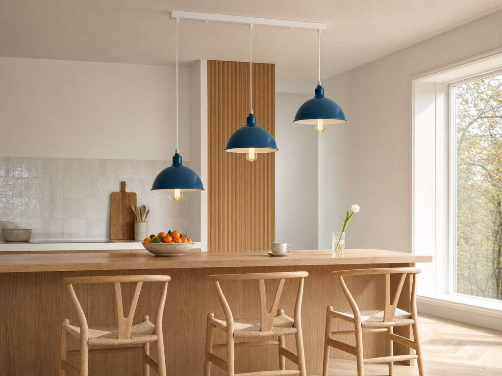 Shoreditch 3-light industrial dome bar pendant in petrol blue over a pale oak Scandinavian breakfast bar with wishbone bar stools and fluted oak panelling