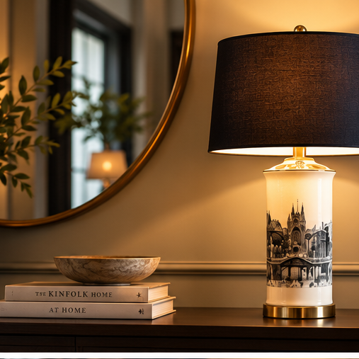 Sonning ceramic cityscape table lamp styled on an elegant console