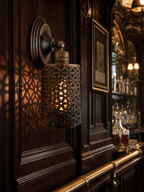 Spitalfields perforated copper wall sconce on dark wood panelling in a Victorian-style bar casting intricate shadow patterns