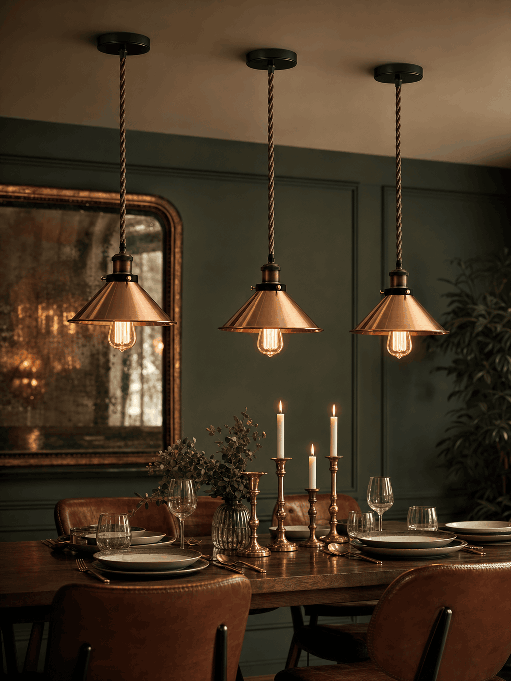 Three Wapping copper pendant lights hanging in a row above a dark wood dining table