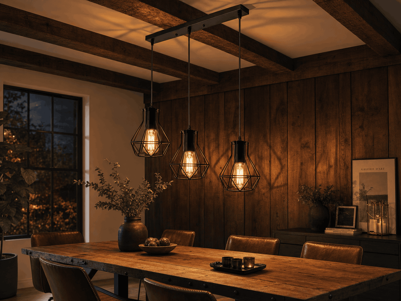 Whitechapel geometric cage pendants illuminating rustic dining table with leather chairs