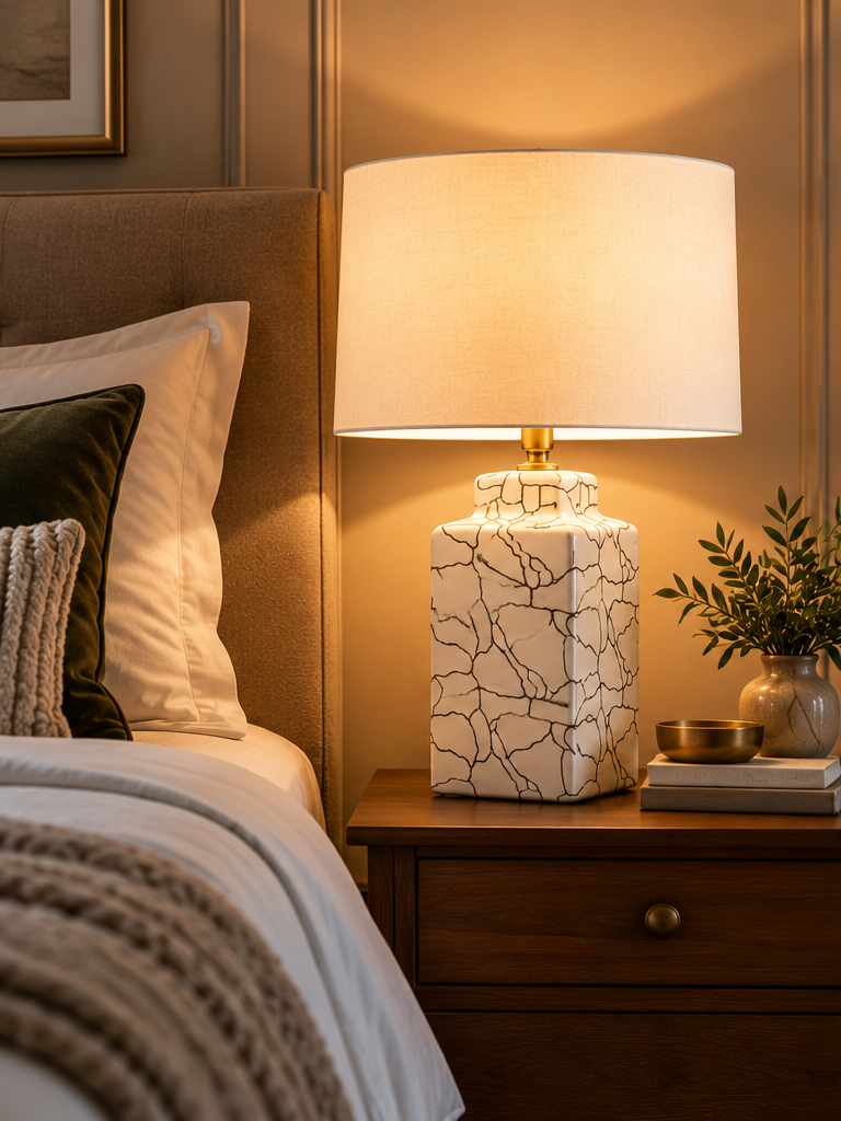 Whitlock cream ceramic table lamp styled beside a bed in a warm premium bedroom