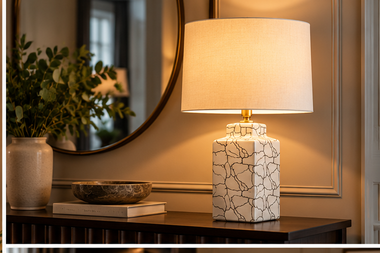 Whitlock cream ceramic table lamp styled on an elegant hallway console