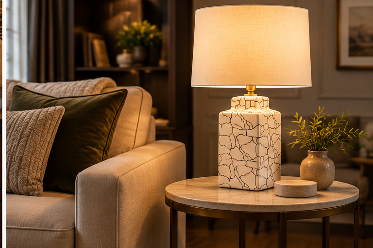 Whitlock cream ceramic table lamp styled on a living room side table